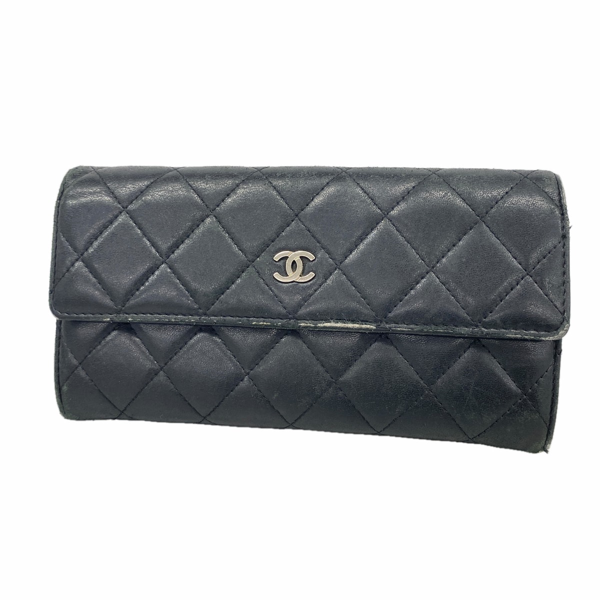 【6ie6990】シャネル 長財布 マトラッセ ラムスキン ブラック シルバー金具【中古】レディース
