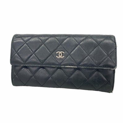 【6ie6990】シャネル 長財布 マトラッセ ラムスキン ブラック シルバー金具【中古】レディース