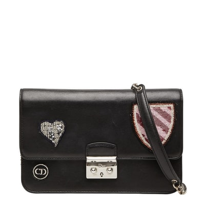 ディオール 斜め掛け チェーン パッチ ショルダーバッグ ブラック ピンク レザー スパンコール レディース Dior 【中古】