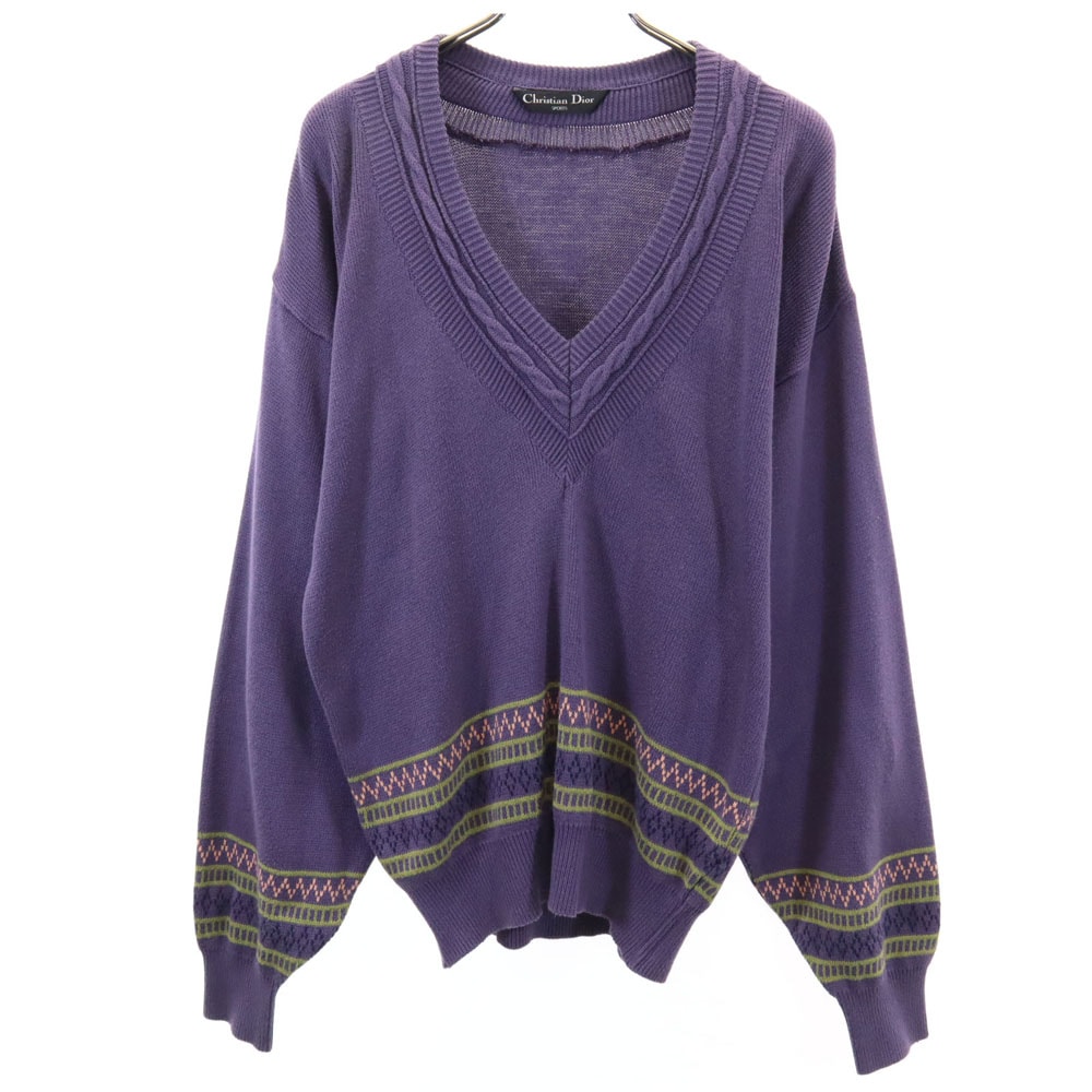 Christian Dior SPORTS クリスチャンディオールスポーツ 90s オールド コットンニット 長袖 Vネック セーター パープル ニット
