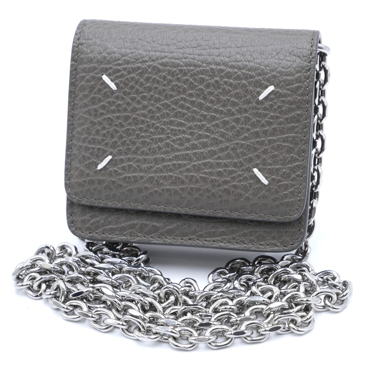 Maison Margiela(メゾン マルジェラ)チェーンウォレット 4ステッチ グレー レザー シルバー金具 レディース ショルダーウォレット【中古】