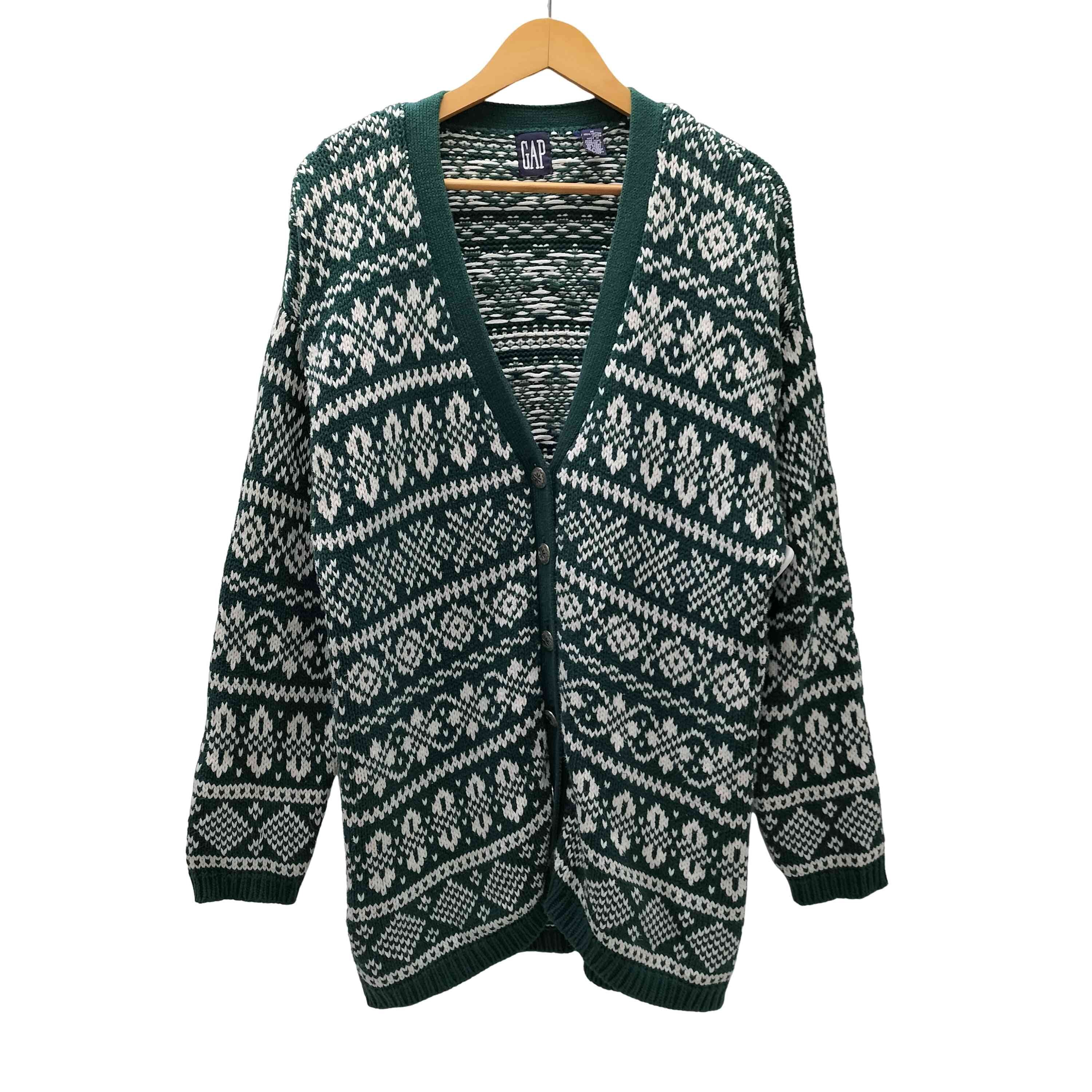 90S OLD デカタグ ノルディック柄 総柄 メタルボタン ローゲージ ニット カーディガン【1138316205594】