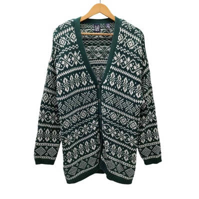 90S OLD デカタグ ノルディック柄 総柄 メタルボタン ローゲージ ニット カーディガン【1138316205594】