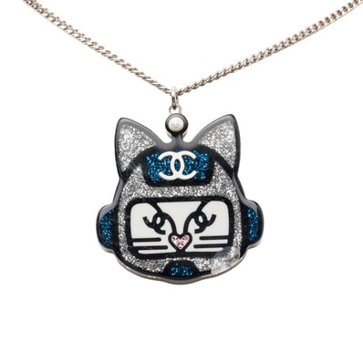 シャネル ココマーク キャットロボット シュペット チェーン ペンダント ネックレス 17S刻印 シルバー ブルー プラスチック メタル ラインストーン レディース CHANEL 【中古】
