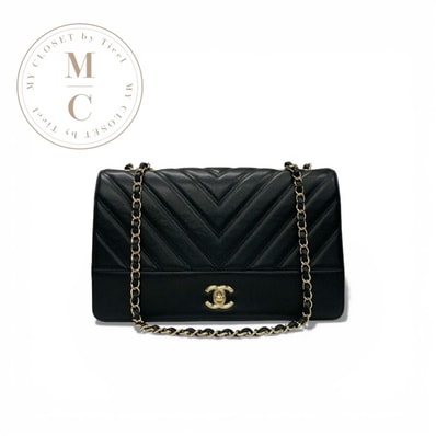 シャネル CHANEL バッグ ショルダーバッグ ブラック 黒 ゴールド シェブロン ターンロック ココマーク シングルフラップ ダブルチェーン