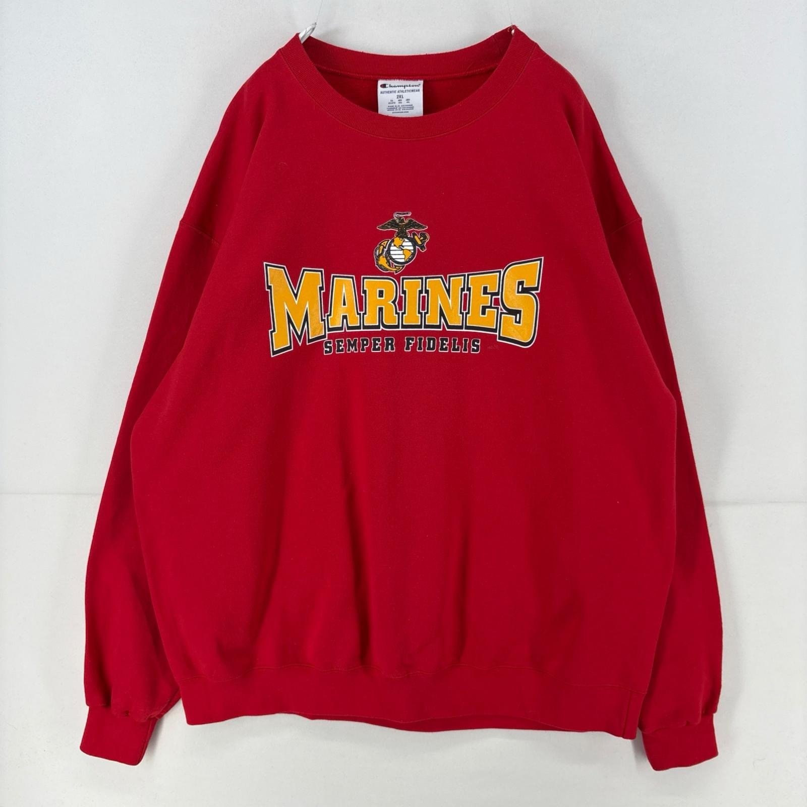 古着 チャンピオン Champion スウェット プルオーバー ミリタリー USMC クルーネック 大きいサイズ 2XL  レッド プリント メンズ