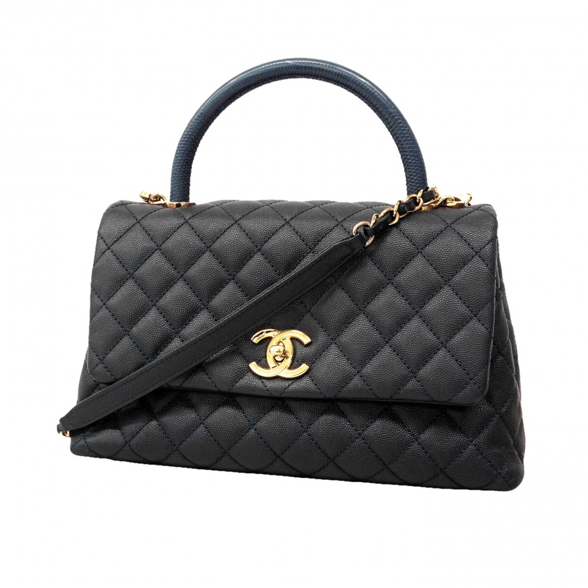 【6dc2302】シャネル ハンドバッグ マトラッセ チェーンショルダー キャビアスキン リザード ネイビー シャンパンゴールド金具 2wayバッグ【中古】レディース