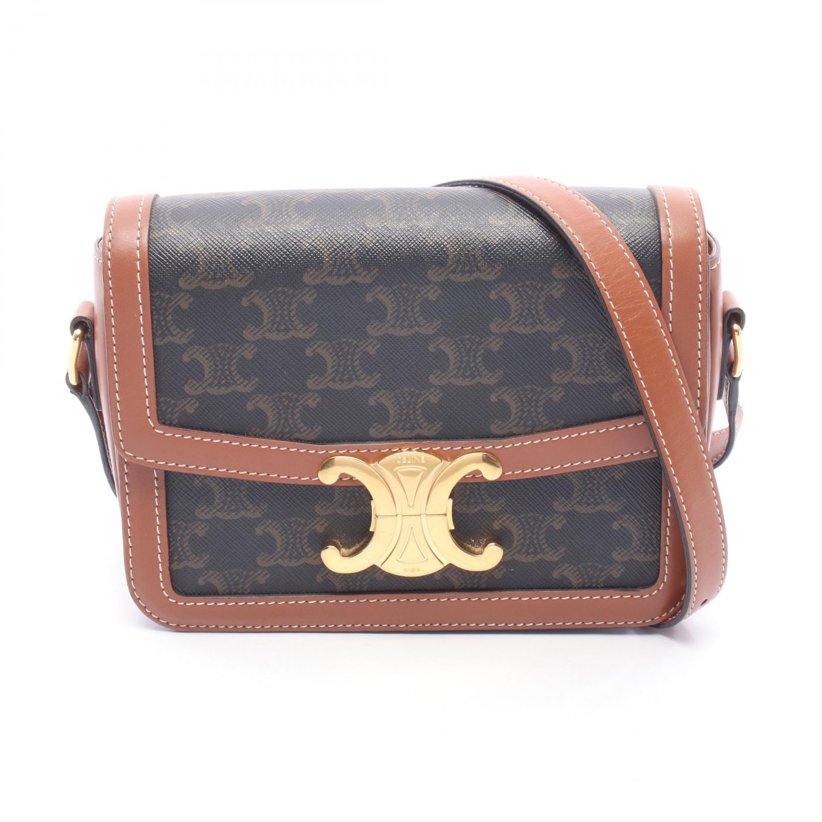 セリーヌ CELINE ティーン トリオンフ ショルダーバッグ バッグ PVCコーティングキャンバス レザー レディース ブラック系 / ブラウン系 188882BZ4.04LU 【中古】