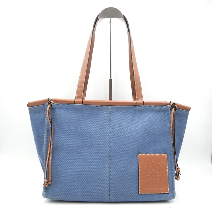 LOEWE(ロエベ)クッショントート トートバッグ キャンバス ブルー レザー アナグラム レディース A4収納可 【中古】