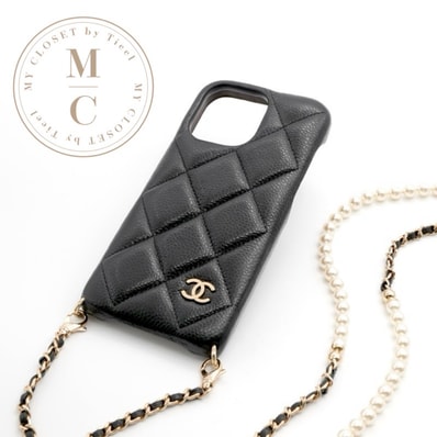 シャネル CHANEL 携帯・スマホアクセサリー ブラック ゴールド ココマーク マトラッセ iPhone15proMAX iPhoneケース チェーン パール