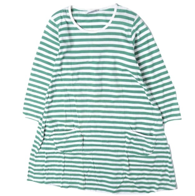 marimekko マリメッコ フィンランド製 コットンボーダーTシャツワンピース 52361-31589 160 Green/White 七分袖 クルーネック トップス g13380