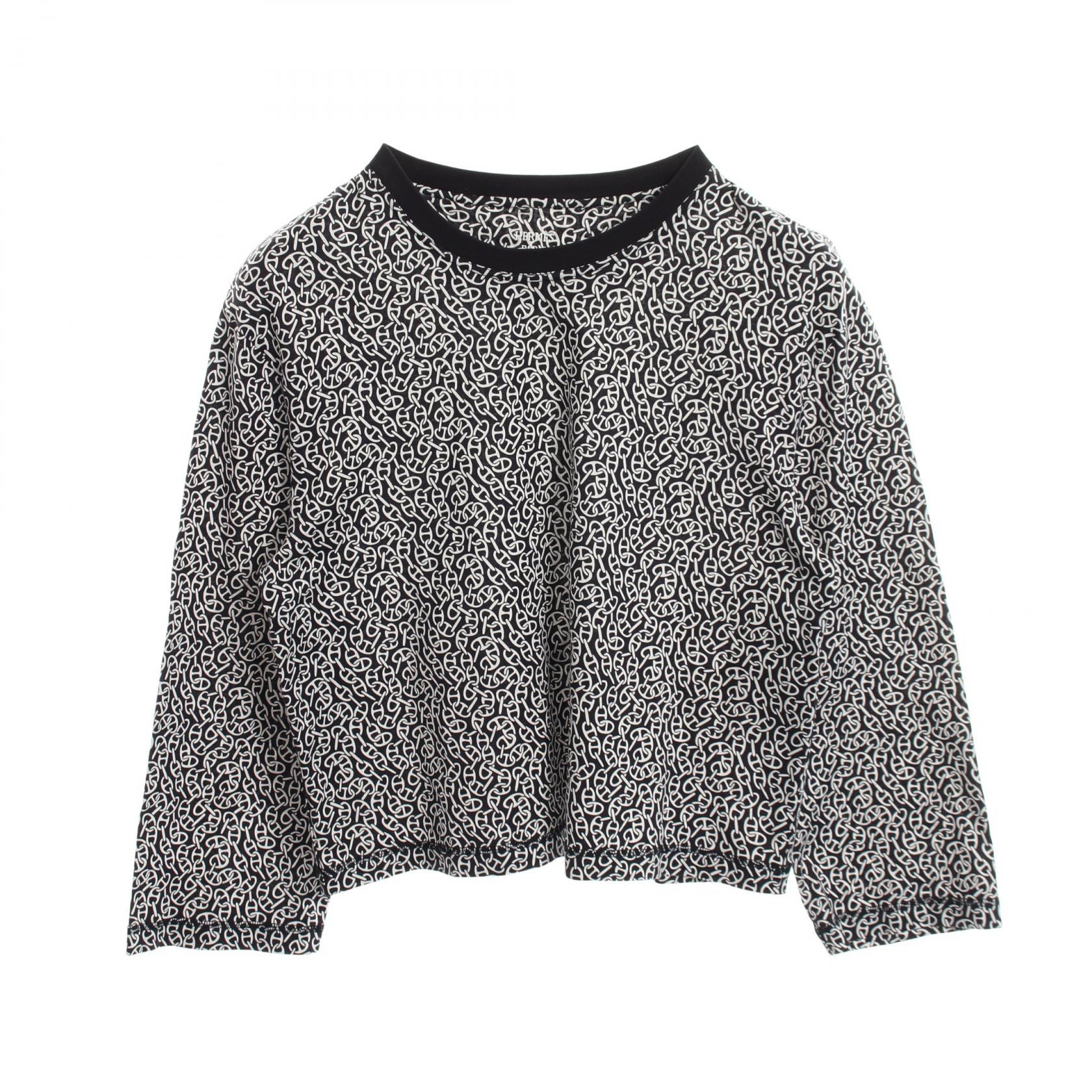 エルメス HERMES Naoussa Chaine ナウサ シェーヌプリント クルーネック 長袖Tシャツ 衣料品 トップス コットン ホワイト レディース ネイビー系 / ホワイト系 4E4649DB 【中古】