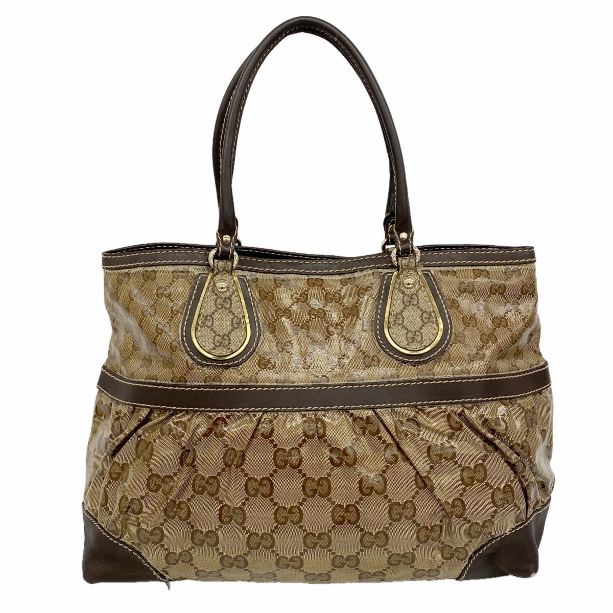 【6gd4177】グッチ トートバッグ GGクリスタル 223963 コーティングキャンバス ベージュ ブラウン シャンパンゴールド金具【中古】レディース