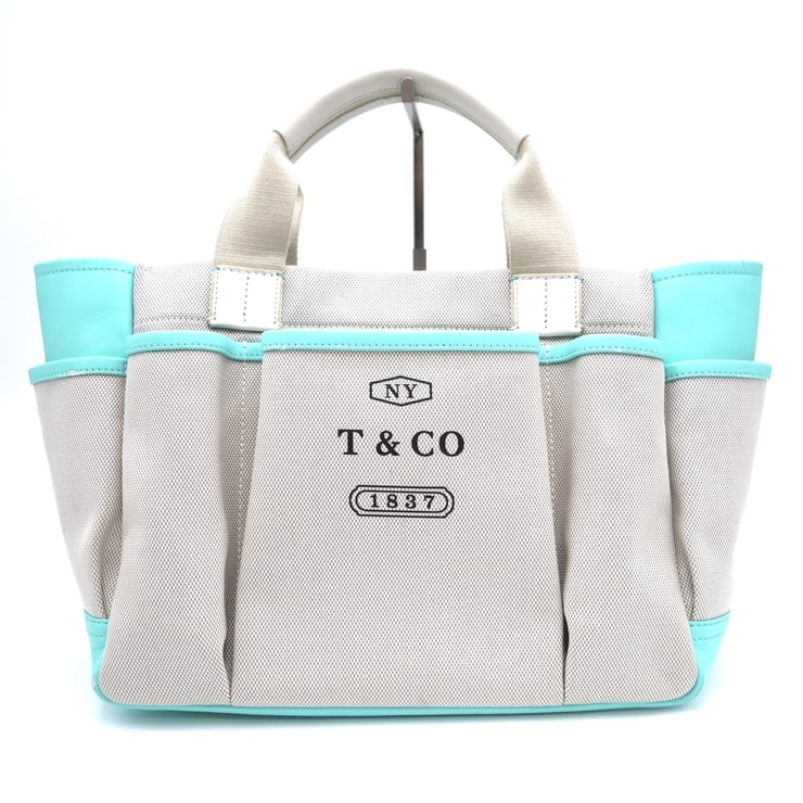 TIFFANY & CO.(ティファニー)1837 トートバッグ ハンドバッグ ベージュ ティファニーブルー キャンバス レザー ロゴプリント マルチポケット レディース イタリア製【中古】