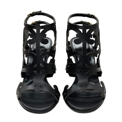 エルメス HERMES サンダル 靴 シューズ レザー ブラック 黒 未使用 ガダルキヴィール柄