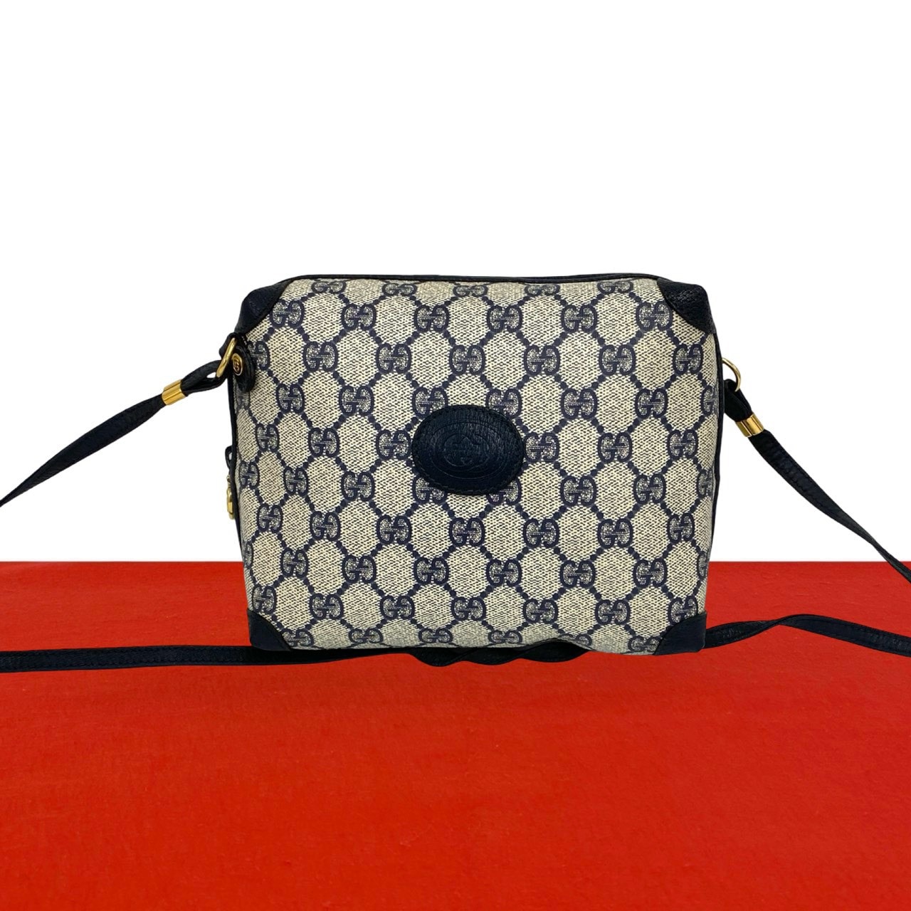 GUCCI グッチ GG ロゴ 柄 レザー PVC ショルダーバッグ ネイビー
 44696