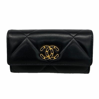 【6ia0448】シャネル 財布 シャネル19 ラムスキン ブラック ゴールド金具【中古】レディース
