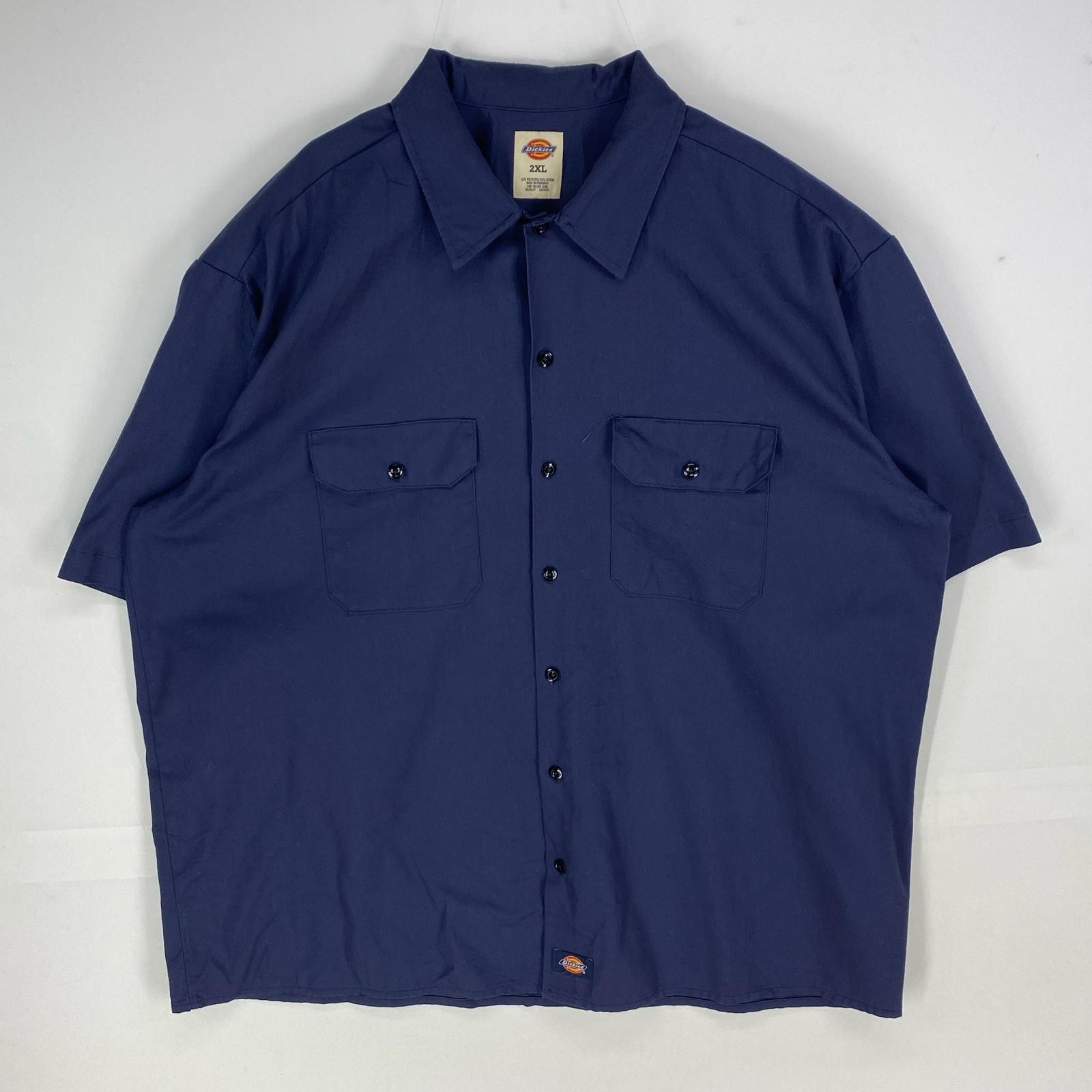 古着 ディッキーズ Dickies 半袖シャツ ワークシャツ ポケット ワンポイントロゴ 大きいサイズ 2XL  ネイビー系 無地 メンズ