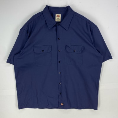 古着 ディッキーズ Dickies 半袖シャツ ワークシャツ ポケット ワンポイントロゴ 大きいサイズ 2XL ネイビー系 無地 メンズ