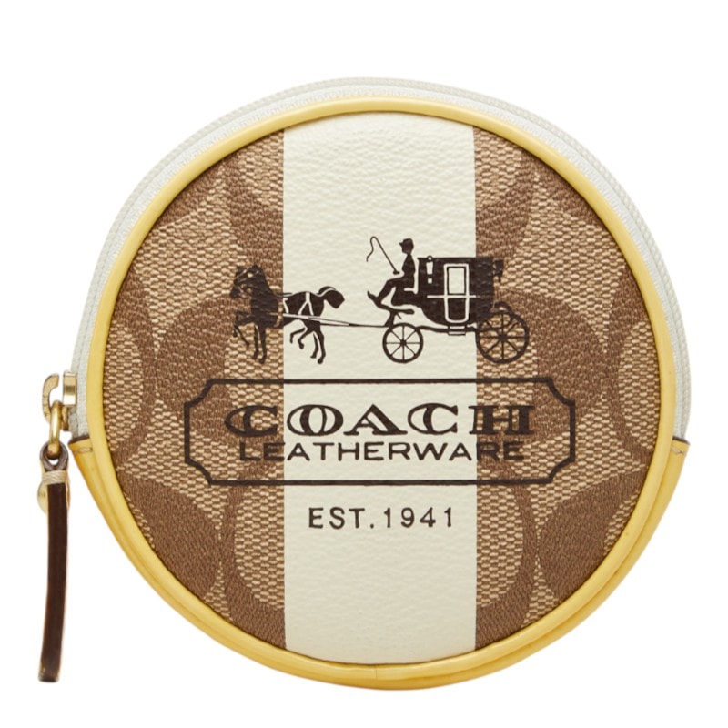 コーチ シグネチャー サーキュラー コインケース 小銭入れ ベージュ ホワイト イエロー PVC レザー レディース COACH 中古