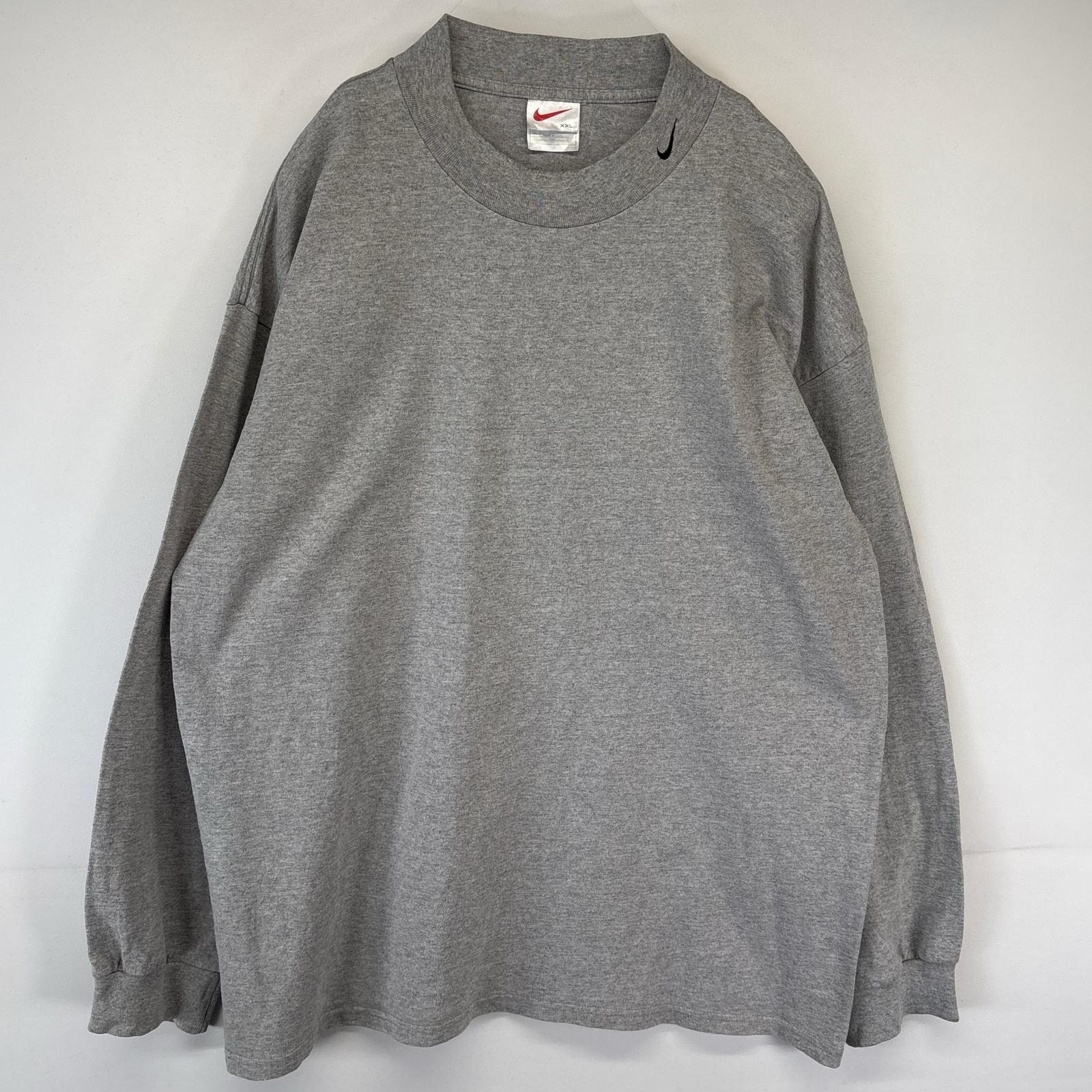 古着 90's/90年代 ナイキ NIKE USA製 長袖Tシャツ ワンポイントロゴ刺繍 マックネック 大きいサイズ 2XL  グレー メンズ