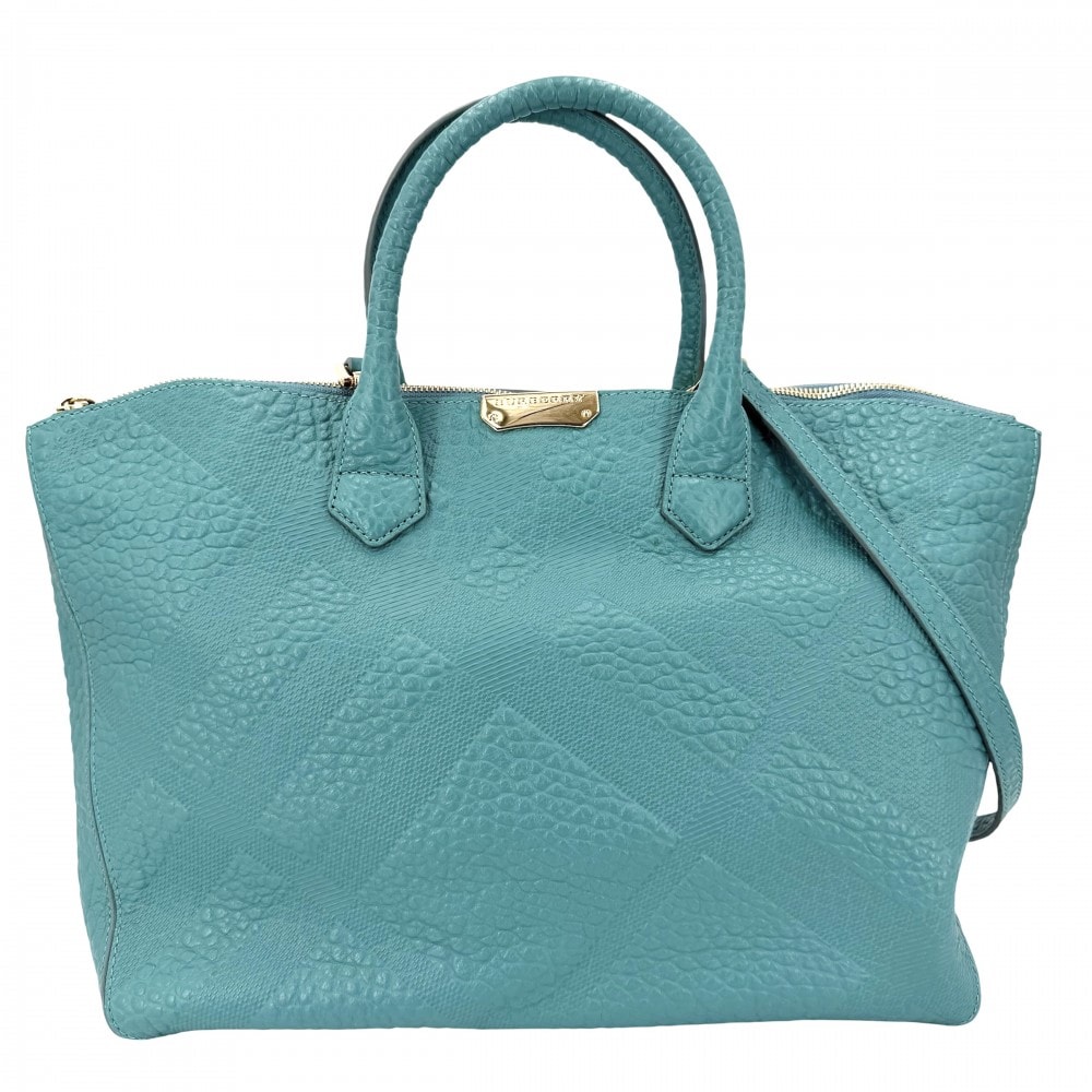 BURBERRY バーバリー 2WAY トートバッグ ショルダーバッグ 肩掛け 斜め掛け レザー ターコイズブルー ゴールド金具 レディース【中古品】