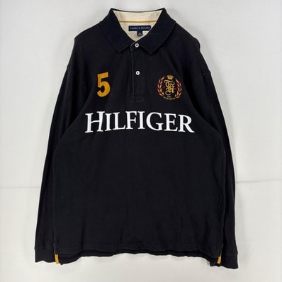 古着 トミーヒルフィガー TOMMY HILFIGER 長袖シャツ ワンポイント ポロシャツ ロゴ ビッグロゴ プリント 刺繍 L ブラック メンズ