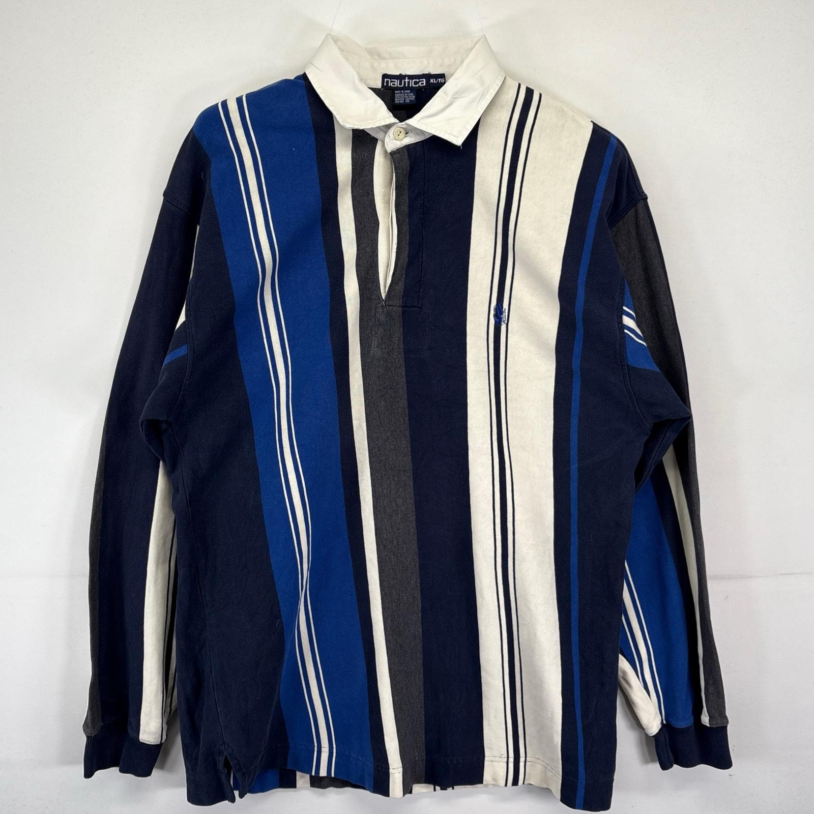 古着 90's/90年代 ノーティカ NAUTICA 長袖 ポロシャツ 大きいサイズ ストライプ ラガーシャツ ワンポイントロゴ XL マルチカラー メンズ