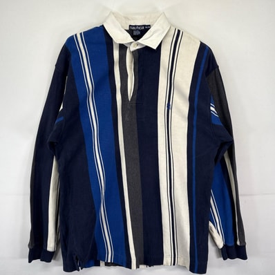 古着 90's/90年代 ノーティカ NAUTICA 長袖 ポロシャツ 大きいサイズ ストライプ ラガーシャツ ワンポイントロゴ XL マルチカラー メンズ
