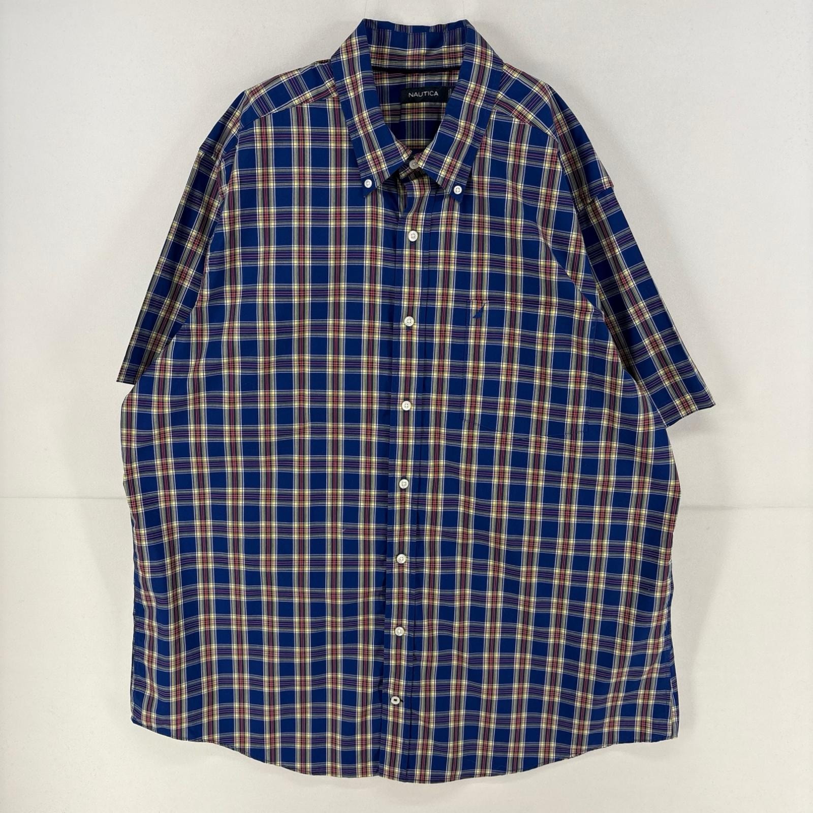 古着 ノーティカ NAUTICA 半袖シャツ ワンポイント 胸ポケット 大きいサイズ 2XL  ブルー系 チェック メンズ