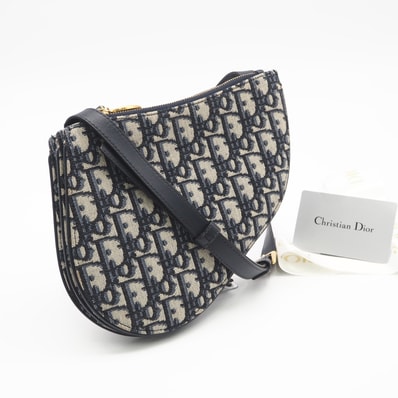 美品 Dior ディオール ディオール オブリーク ジャカード Saddle ポーチ ロデオ S5909CTZQ ショルダーバッグ ネイビー ベージュ キャンバス レザー レディース