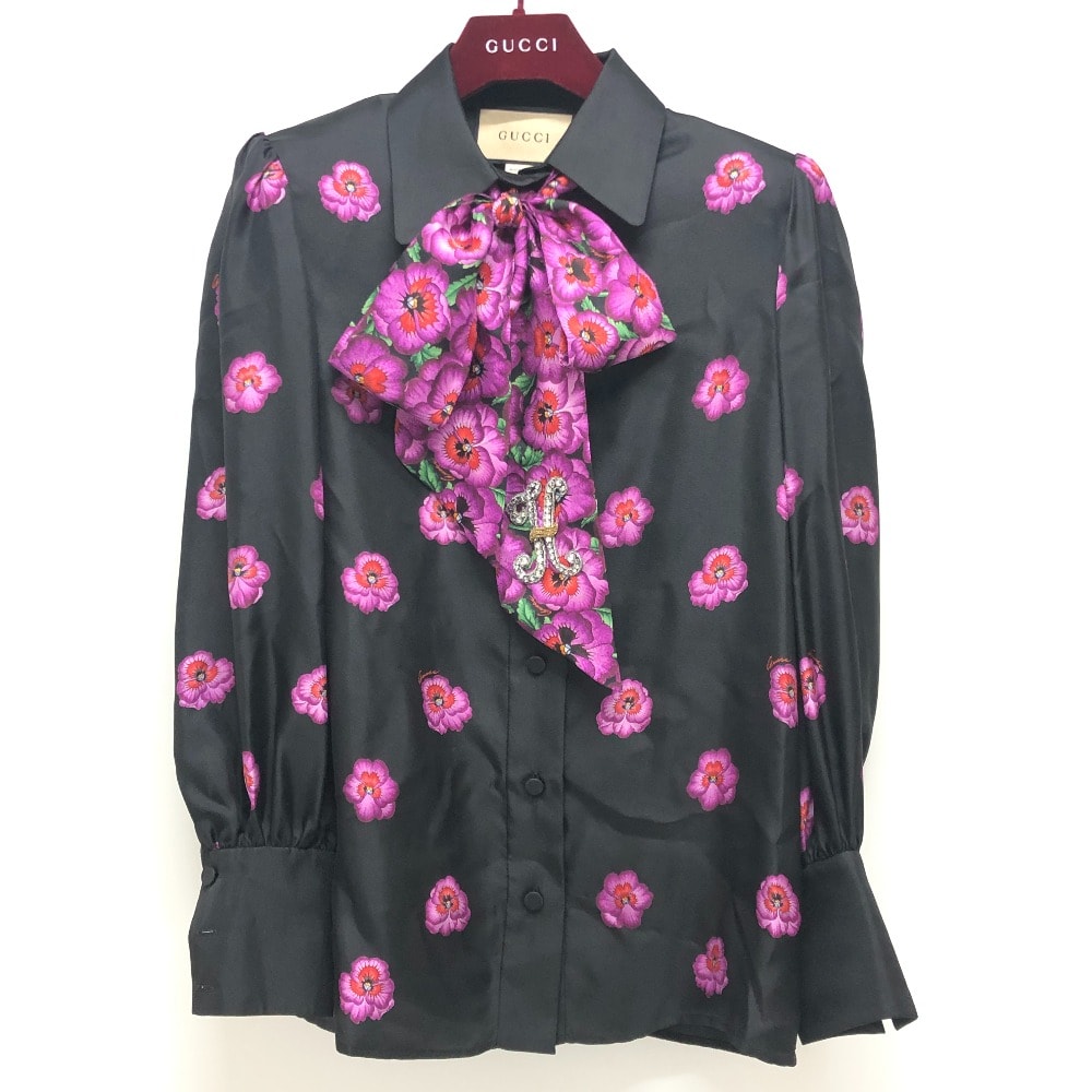 グッチ GUCCI リボン フラワーシャツ 722304 アパレル トップス スカーフ付き 肩パッド付き 長袖シャツ シルク ブラック