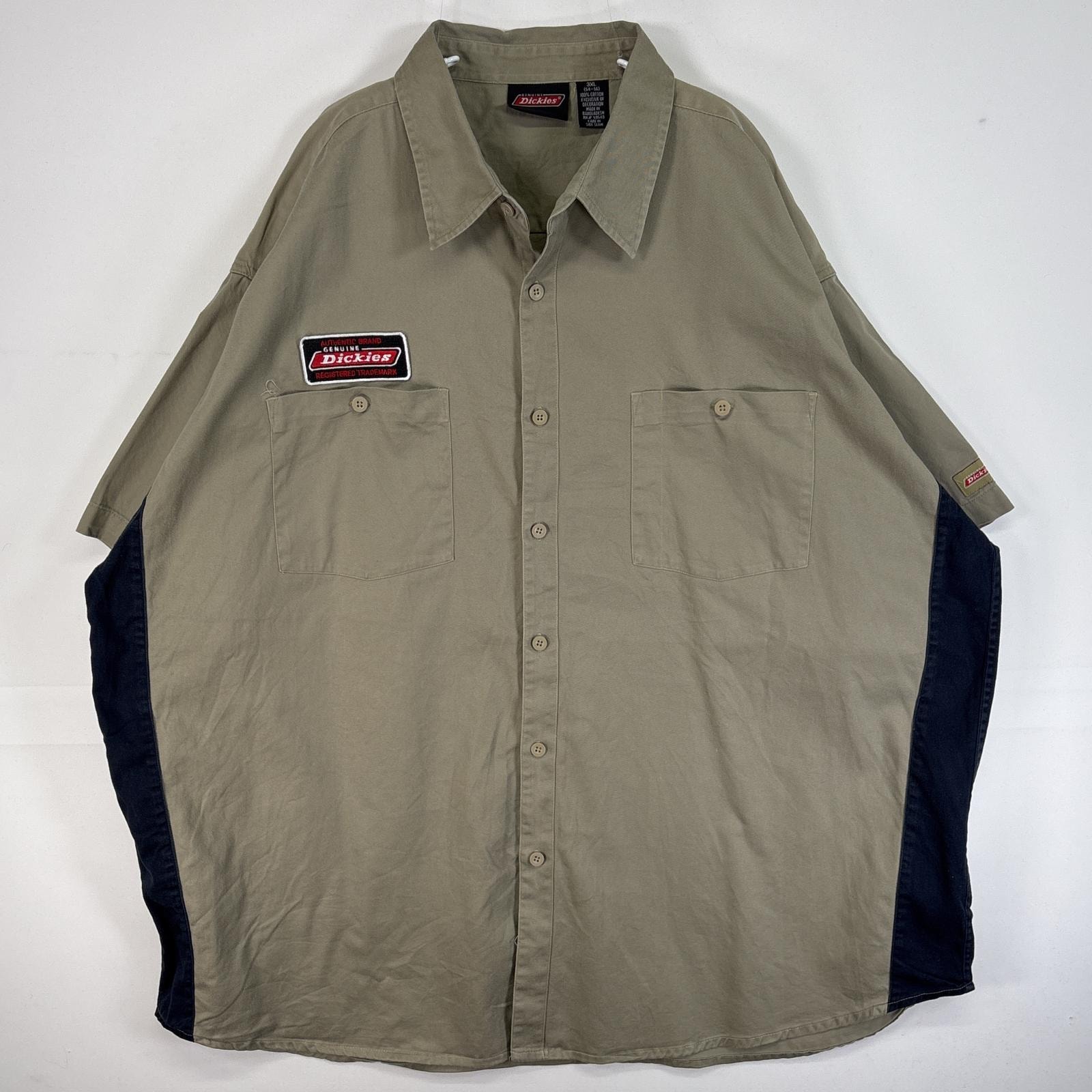 古着 ディッキーズ Dickies 半袖シャツ ワーク 作業着 胸ポケ ワンポイント ロゴ 大きいサイズ 肉厚 3XL  ベージュ系 ツートン メンズ