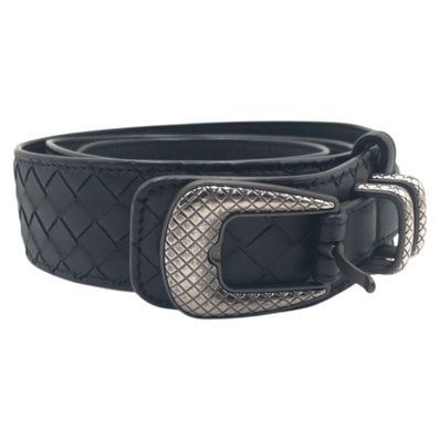 美品 BOTTEGAVENETA ボッテガヴェネタ イントレチャート 95cm/38インチ ブラック 黒 シルバー レザー ベルト 601839 【中古】