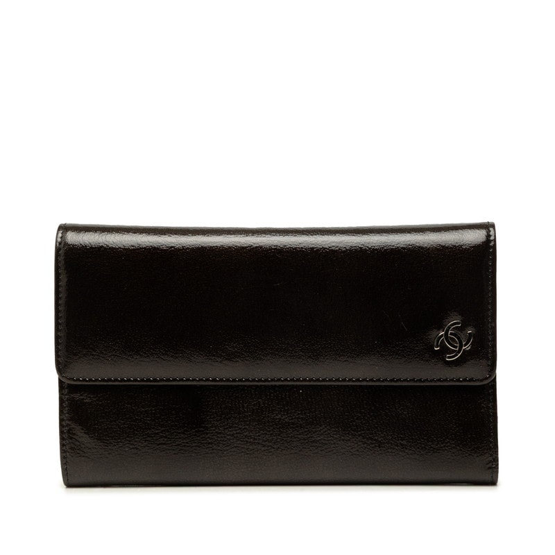 シャネル ココマーク 三つ折り財布 ブラック パテントレザー レディース CHANEL 中古