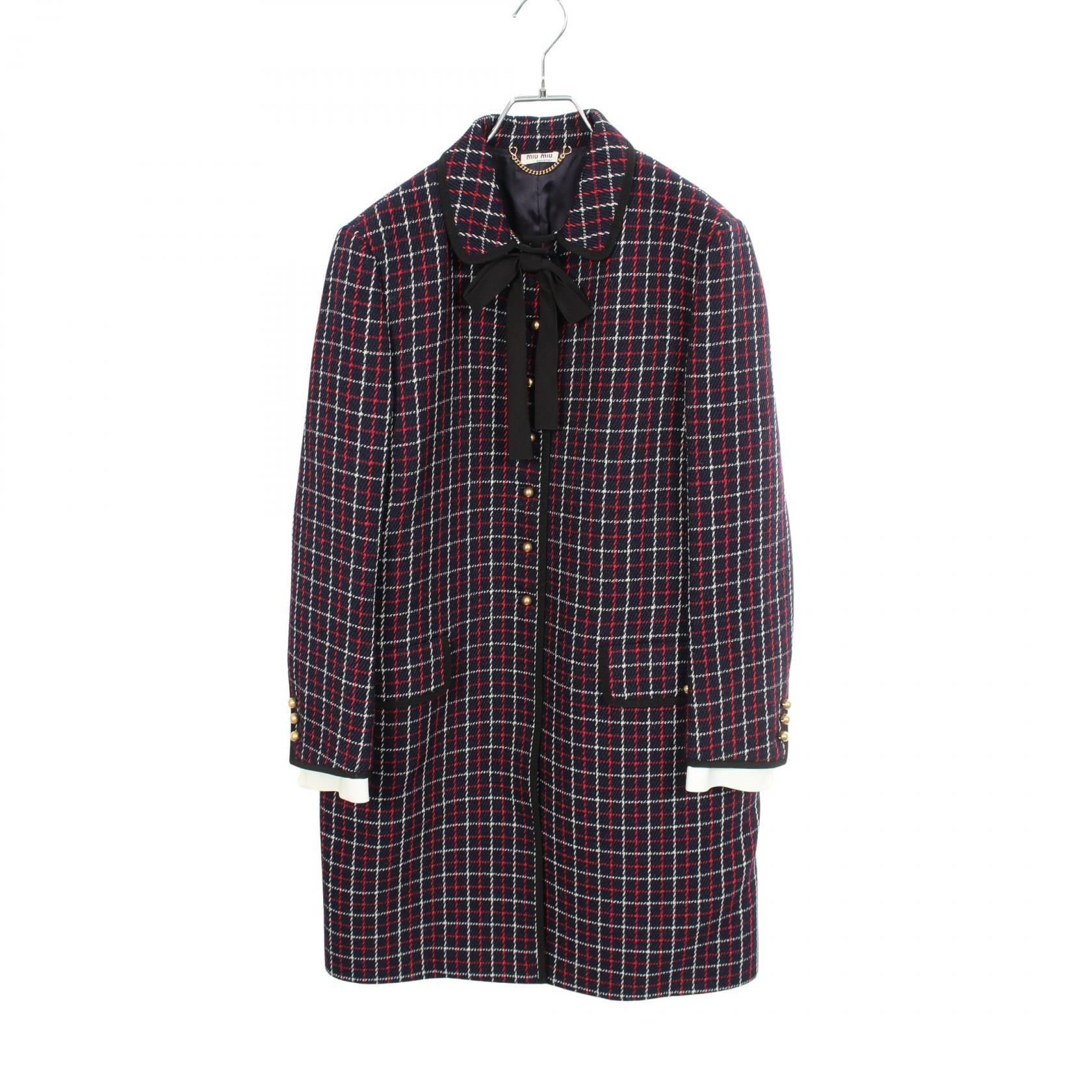 ミュウ ミュウ Miu Miu チェック リボン ツイード ステンカラーコート 衣料品 アウター ウール レディース ネイビー系 / レッド系 / マルチカラー MS1749 【中古】