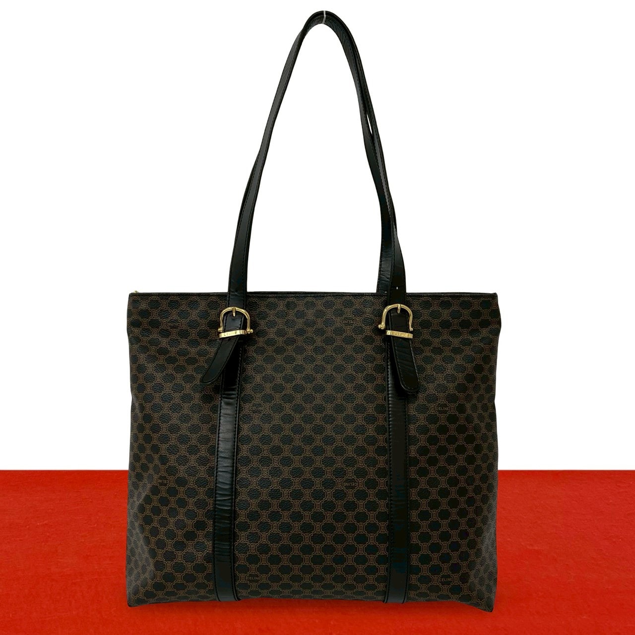 CELINE セリーヌ マカダム ブラゾン ロゴ 柄 レザー PVC トートバッグ ブラック
 39882
