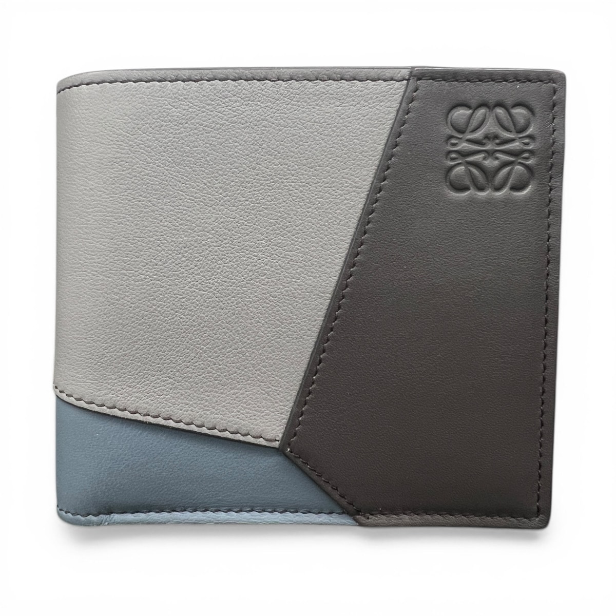 LOEWE 希少 極美品 ロエベ ANAGRAM PUZZLE BIFOLD アナグラム パズル バイフォールド コインウォレット 二つ折り財布 C510501X16 グレー ブルー トリコロール コンパクトウォレット Aランク 中古 鑑定済