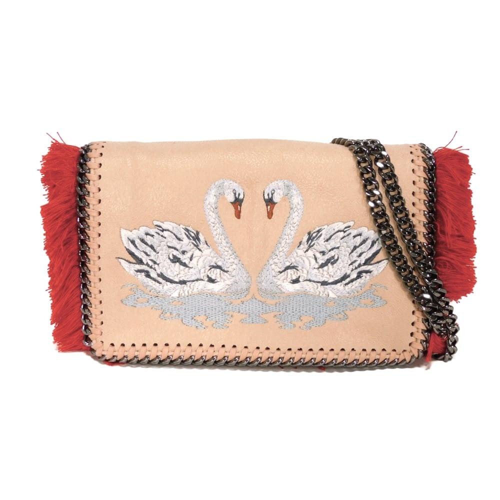 Stella McCartney ステラマッカートニー ファラベラ チェーン クロスボディ 白鳥 刺繍 シャギー ファブリック フリンジ ピンク レッド スワン ステッチ パウダー ショルダーバッグ 291622 W9910 6802