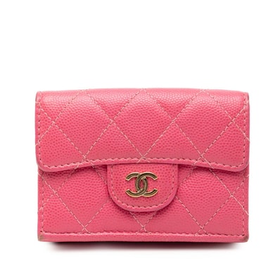 シャネル マトラッセ ココマーク 三つ折り財布 ピンク キャビアスキン レディース CHANEL 【中古】