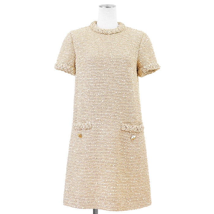 【美品】Valentino ヴァレンチノ ツイードワンピース サイズ 38 レディース ラメ糸 スタッズ ポケット バックファスナー ショートスリーブ 半袖 ドレス アイボリー ゴールド 金色 イタリア製