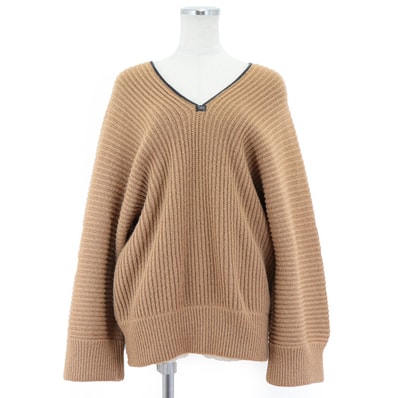 【美品】 エルメス HERMES エルメス 2010AW 鹿革 レザーパイピング Vネック ニット キャメル100% ニット レディース キャメル 42 HERMES