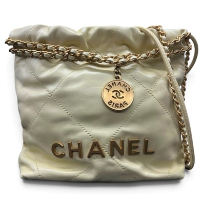 CHANEL 希少カラー 極美品 シャネル22 ミニ マトラッセ 2way ハンドバッグ チェーンショルダーバッグ AS3980 カーフスキン レザー シリアルプレート イエロー ゴールド金具 ホーボーバッグ ポシェット ココマーク Aランク 鑑定済 中古