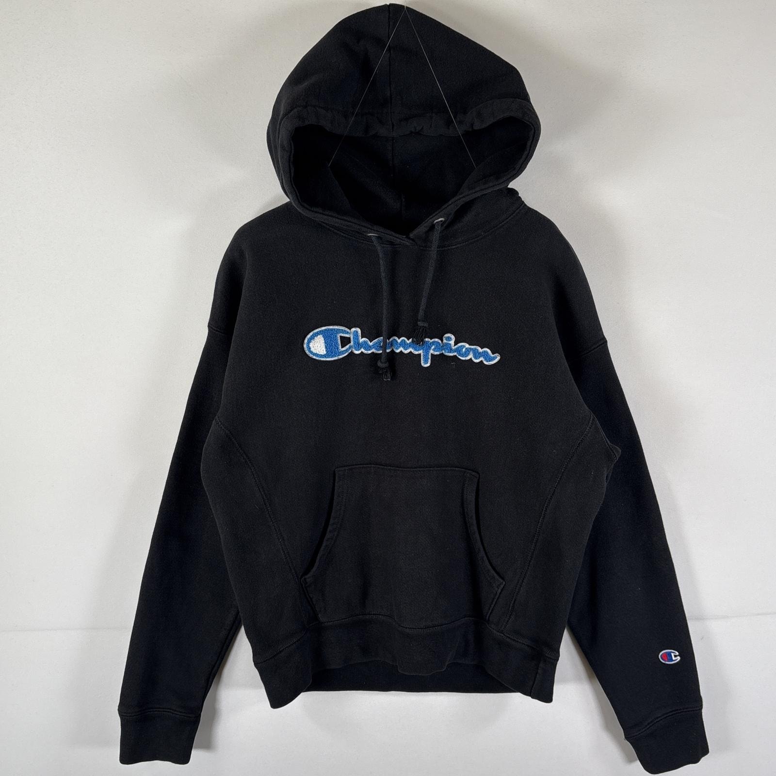 古着 チャンピオン Champion パーカー リバースウィーブ スウェット プルオーバー ビッグロゴ フーディ MEDIUM  ブラック レディース