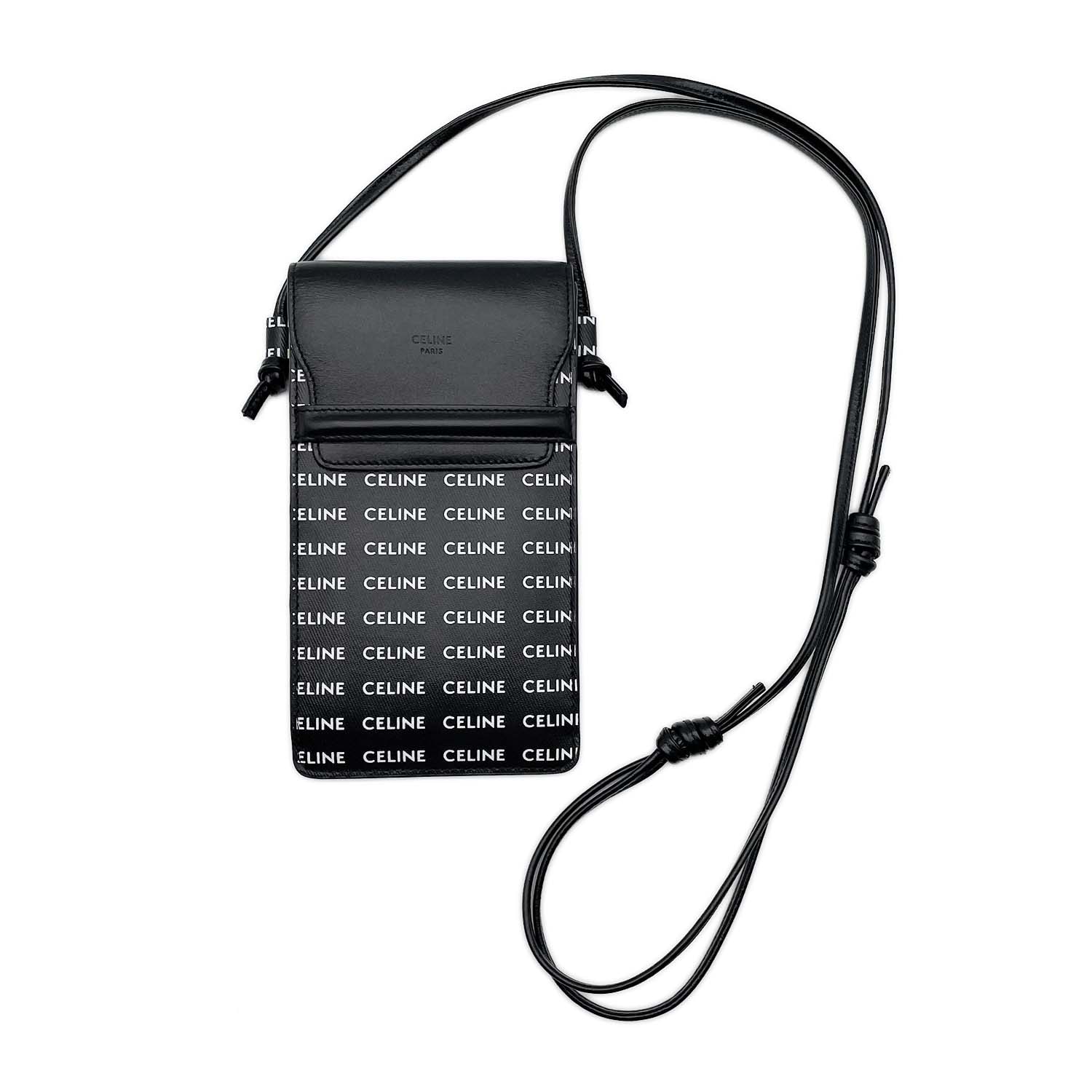 CELINE セリーヌ フォンポーチ フラップ付き ショルダーバッグ
 ロゴ 総柄 レザー PVC ブラック ユニセックス
 【中古】