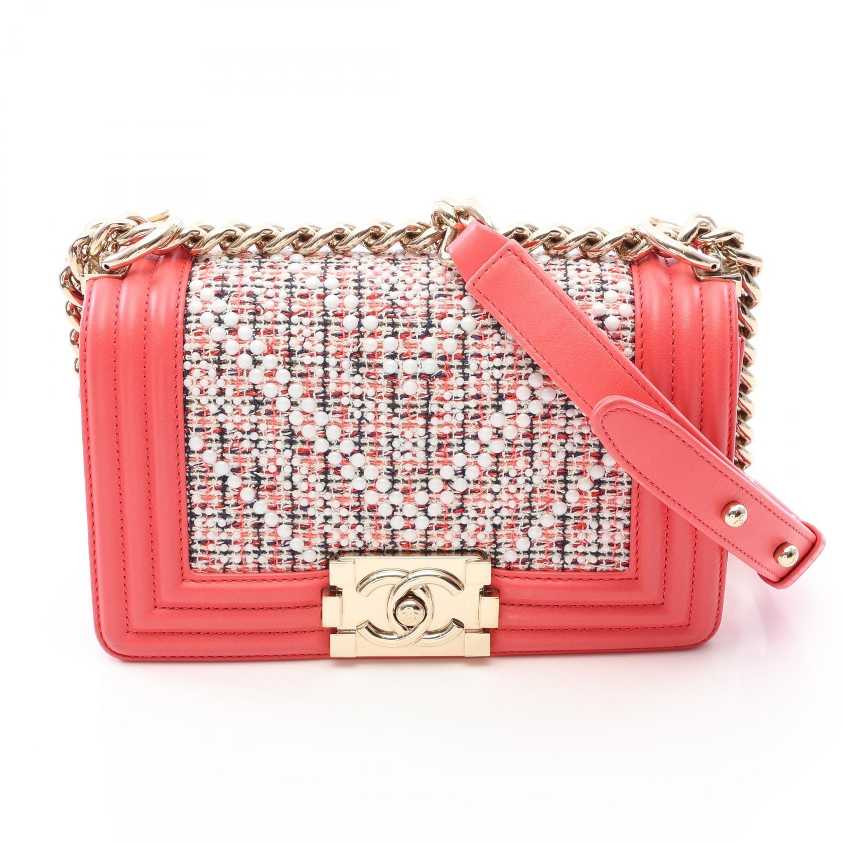 シャネル CHANEL ボーイシャネル スモール ショルダーバッグ バッグ ファブリック レザー レディース ピンク系 / ホワイト系 / マルチカラー 【中古】