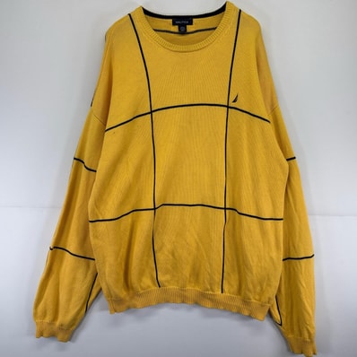 古着 ノーティカ NAUTICA ニット クルーネック 刺繍 ワンポイント ロゴ 2XL イエロー系 チェック メンズ