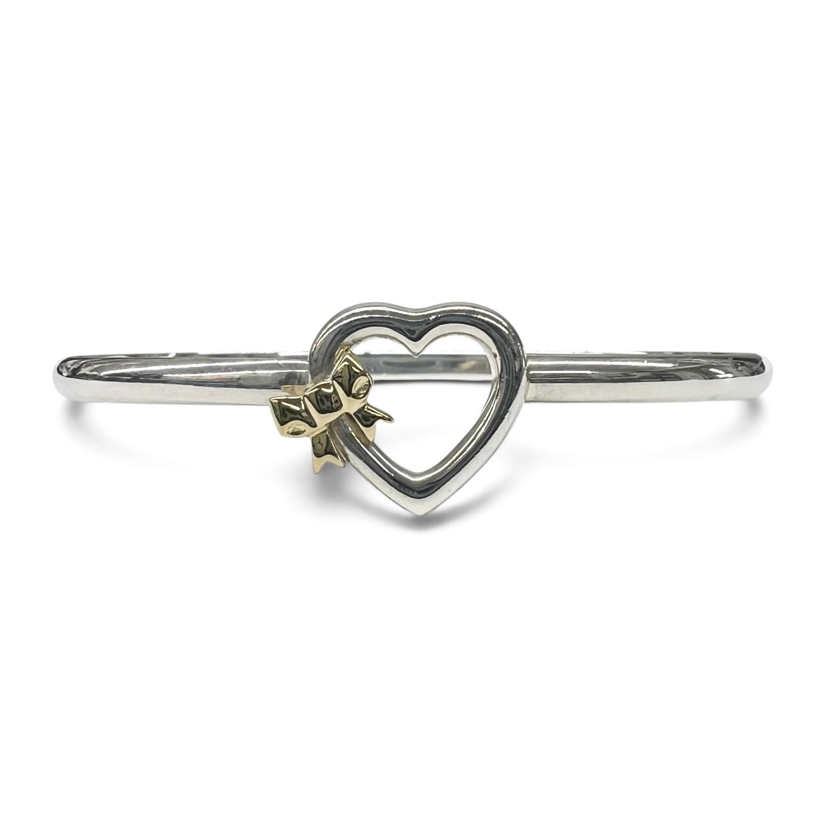 TIFFANY 美品 ティファニー ヴィンテージ ハート リボン バングル SV925 K18YG 750 約15cm ブレスレット シルバー イエローゴールド コンビ レディース ABランク 中古 鑑定済 ティファニーバングル
