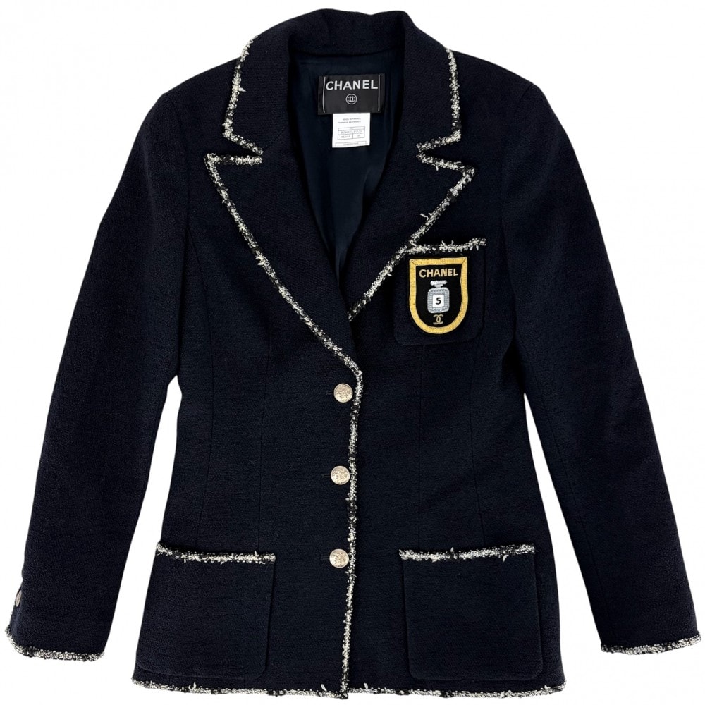 CHANEL シャネル テーラードジャケット アウター ココマーク エンブレム アパレル 服 38 ネイビー 紺 ウール コットン ナイロン レディース 春 秋 2005年【中古品】