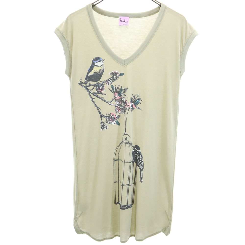 Paul+ Paul Smith ポールスミスプラス プリント 半袖 Vネック チュニック M カーキ フレンチ袖 Tシャツ